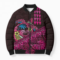 Hawaiian Abstract Sea Turtle Bomber Puffer Jacket Polynesian Tapa Art and Kakau Tattoo Pink WaterColor LT03 Unisex Black - Polynesian Pride