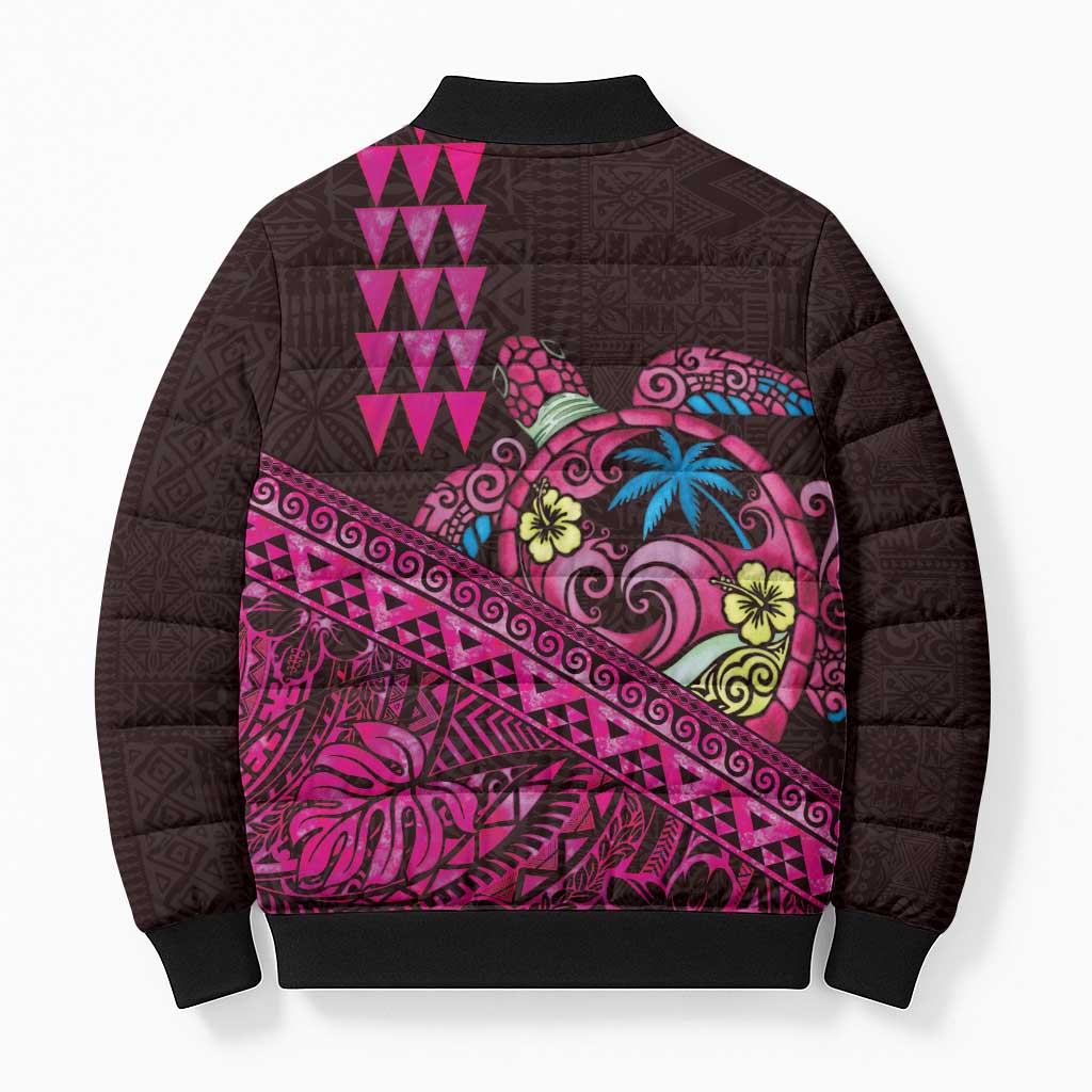 Hawaiian Abstract Sea Turtle Bomber Puffer Jacket Polynesian Tapa Art and Kakau Tattoo Pink WaterColor LT03 - Polynesian Pride