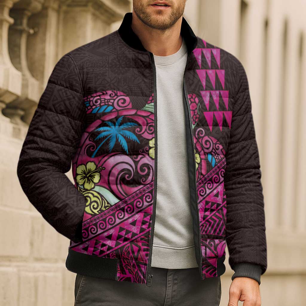 Hawaiian Abstract Sea Turtle Bomber Puffer Jacket Polynesian Tapa Art and Kakau Tattoo Pink WaterColor LT03 - Polynesian Pride