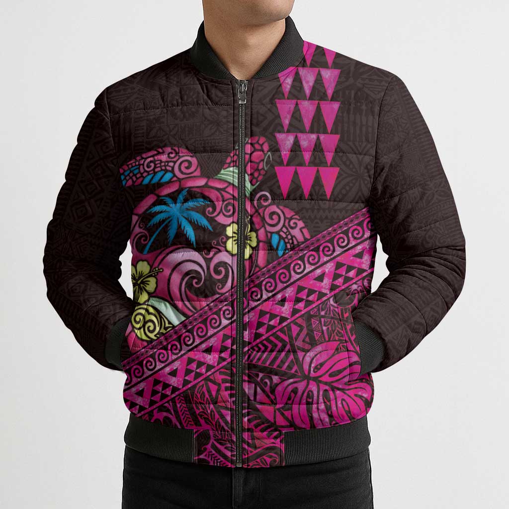 Hawaiian Abstract Sea Turtle Bomber Puffer Jacket Polynesian Tapa Art and Kakau Tattoo Pink WaterColor LT03 - Polynesian Pride