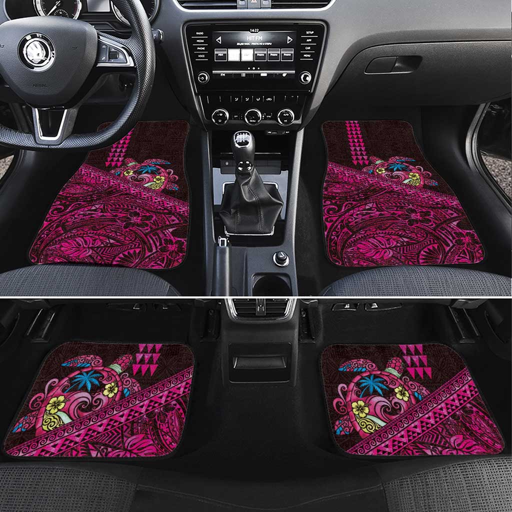 Hawaiian Abstract Sea Turtle Car Mats Polynesian Tapa Art and Kakau Tattoo Pink WaterColor LT03 Set 4pcs Black - Polynesian Pride