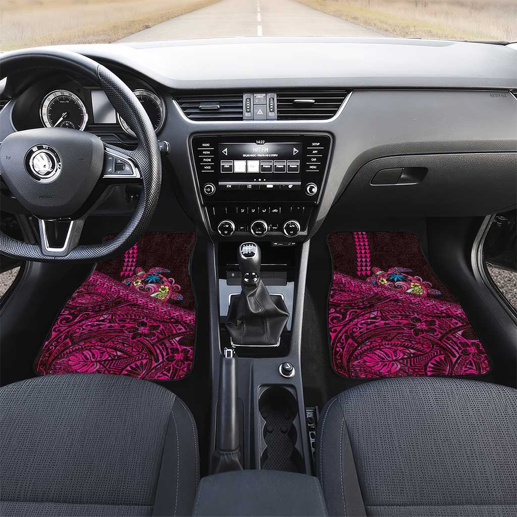 Hawaiian Abstract Sea Turtle Car Mats Polynesian Tapa Art and Kakau Tattoo Pink WaterColor LT03 Set 2pcs - Front Black - Polynesian Pride