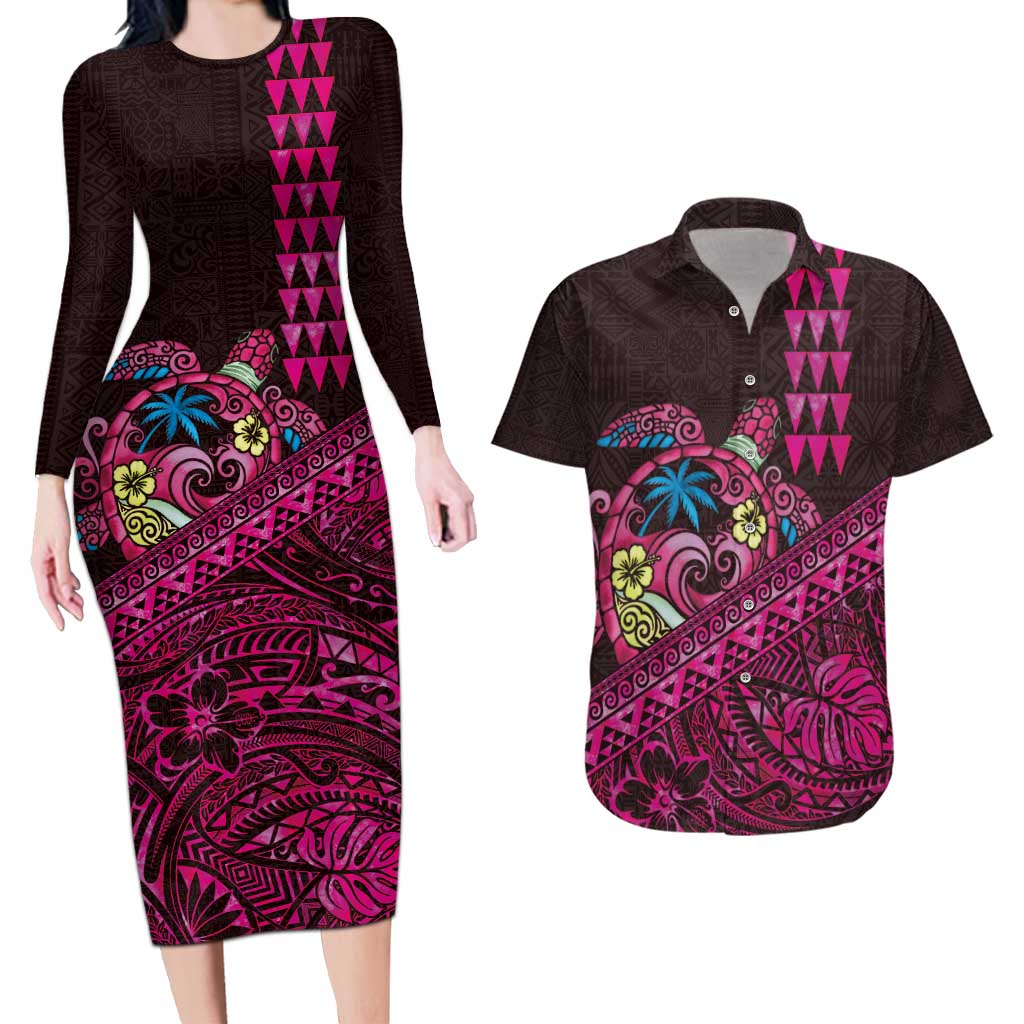 Hawaiian Abstract Sea Turtle Couples Matching Long Sleeve Bodycon Dress and Hawaiian Shirt Polynesian Tapa Art and Kakau Tattoo Pink WaterColor - Polynesian Pride