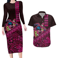 Hawaiian Abstract Sea Turtle Couples Matching Long Sleeve Bodycon Dress and Hawaiian Shirt Polynesian Tapa Art and Kakau Tattoo Pink WaterColor LT03 Black - Polynesian Pride