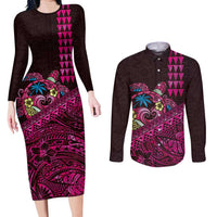 Hawaiian Abstract Sea Turtle Couples Matching Long Sleeve Bodycon Dress and Long Sleeve Button Shirt Polynesian Tapa Art and Kakau Tattoo Pink WaterColor LT03 Black - Polynesian Pride
