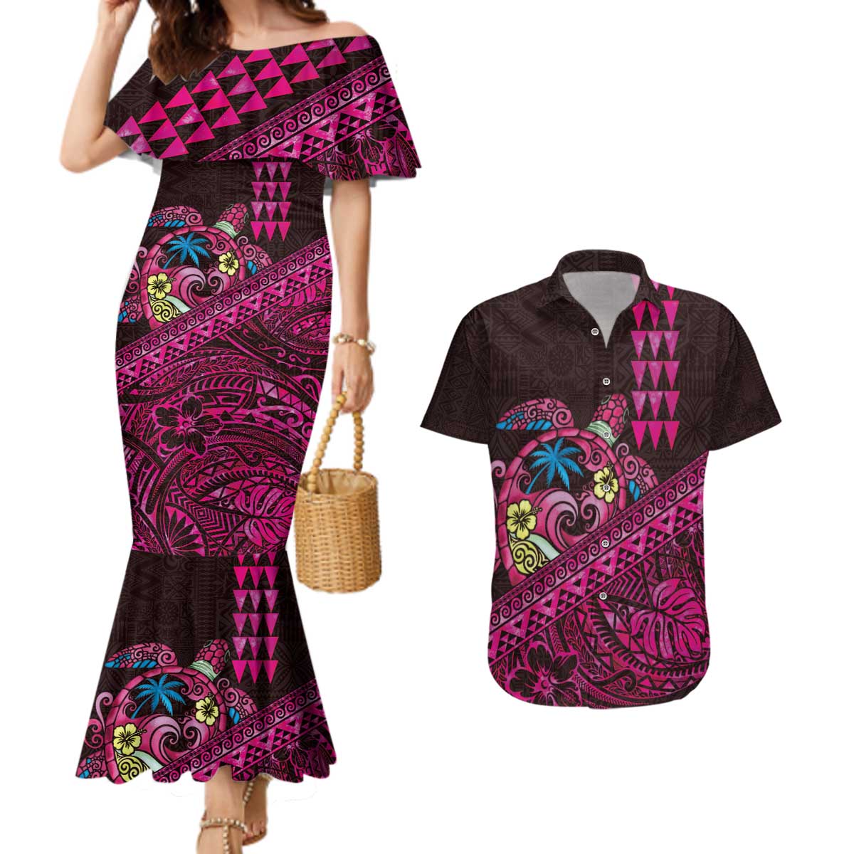 Hawaiian Abstract Sea Turtle Couples Matching Mermaid Dress and Hawaiian Shirt Polynesian Tapa Art and Kakau Tattoo Pink WaterColor LT03 Black - Polynesian Pride