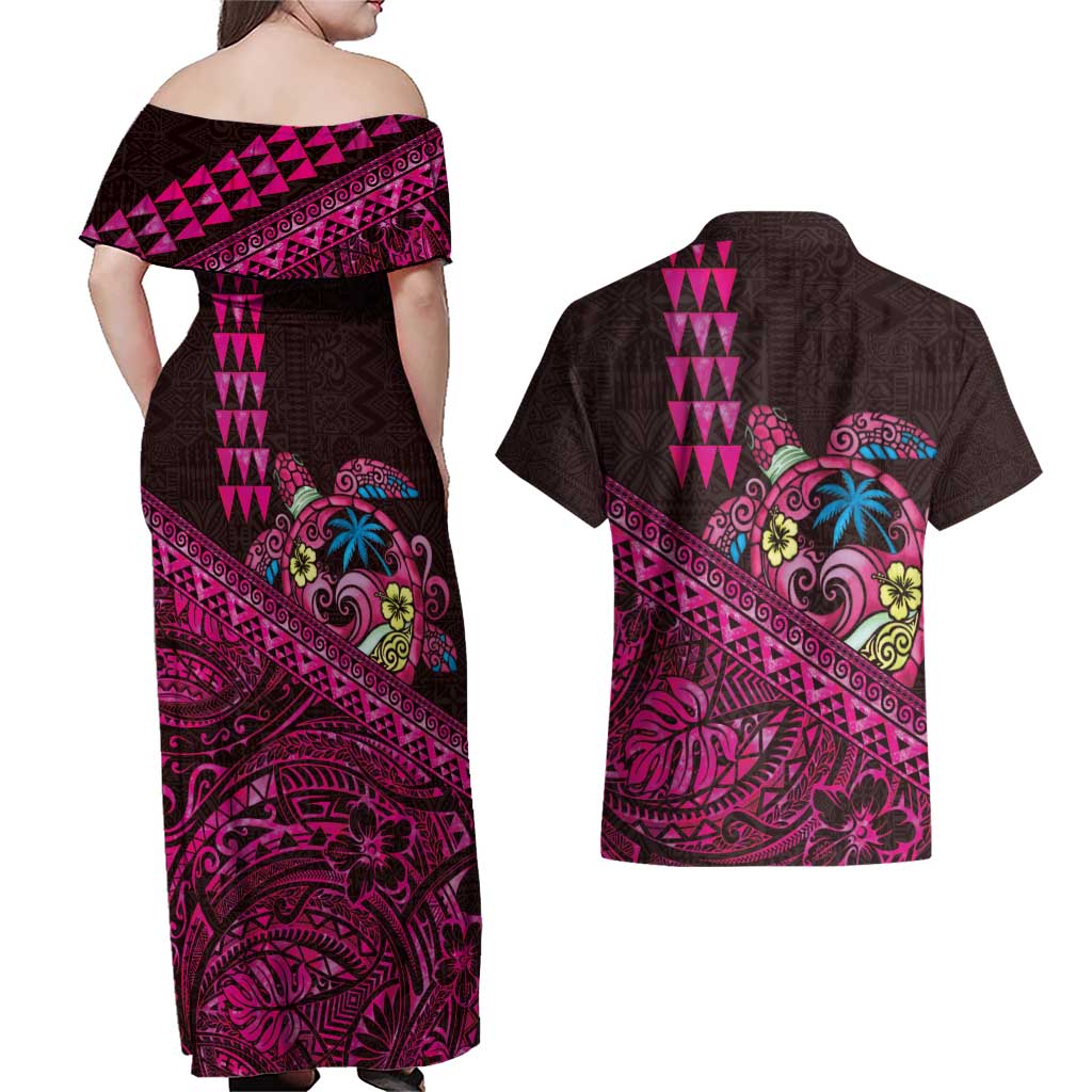 Hawaiian Abstract Sea Turtle Couples Matching Off Shoulder Maxi Dress and Hawaiian Shirt Polynesian Tapa Art and Kakau Tattoo Pink WaterColor LT03 - Polynesian Pride