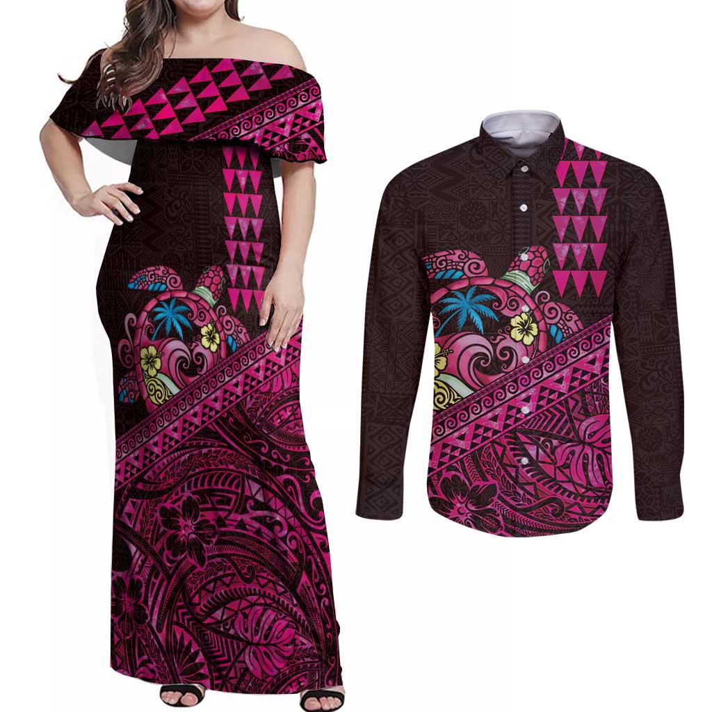 Hawaiian Abstract Sea Turtle Couples Matching Off Shoulder Maxi Dress and Long Sleeve Button Shirt Polynesian Tapa Art and Kakau Tattoo Pink WaterColor LT03 Black - Polynesian Pride