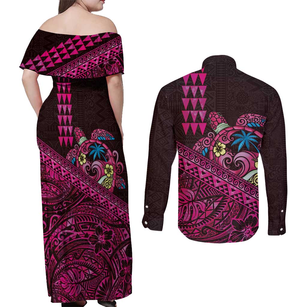 Hawaiian Abstract Sea Turtle Couples Matching Off Shoulder Maxi Dress and Long Sleeve Button Shirt Polynesian Tapa Art and Kakau Tattoo Pink WaterColor LT03 - Polynesian Pride