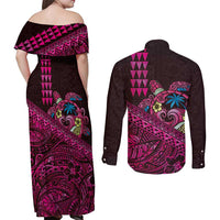 Hawaiian Abstract Sea Turtle Couples Matching Off Shoulder Maxi Dress and Long Sleeve Button Shirt Polynesian Tapa Art and Kakau Tattoo Pink WaterColor LT03 - Polynesian Pride