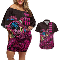 Hawaiian Abstract Sea Turtle Couples Matching Off Shoulder Short Dress and Hawaiian Shirt Polynesian Tapa Art and Kakau Tattoo Pink WaterColor LT03 Black - Polynesian Pride