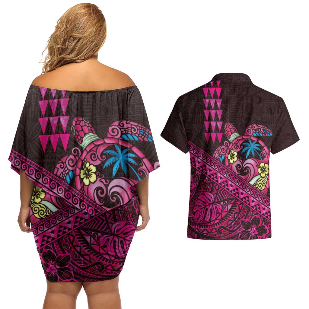 Hawaiian Abstract Sea Turtle Couples Matching Off Shoulder Short Dress and Hawaiian Shirt Polynesian Tapa Art and Kakau Tattoo Pink WaterColor LT03 - Polynesian Pride