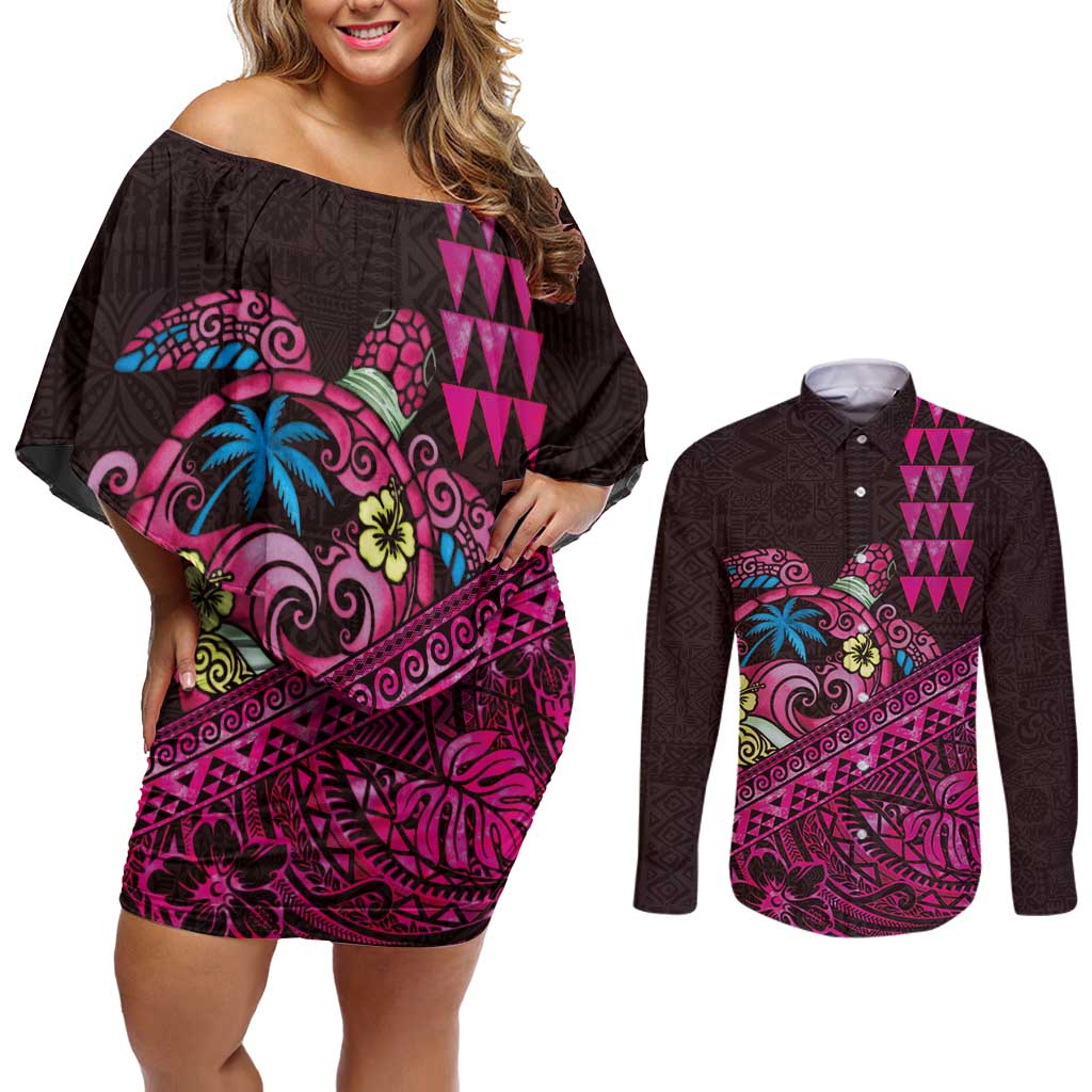 Hawaiian Abstract Sea Turtle Couples Matching Off Shoulder Short Dress and Long Sleeve Button Shirt Polynesian Tapa Art and Kakau Tattoo Pink WaterColor - Polynesian Pride