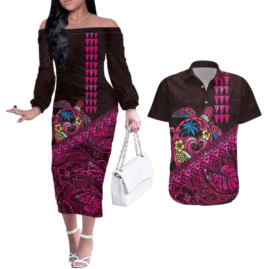 Hawaiian Abstract Sea Turtle Couples Matching Off The Shoulder Long Sleeve Dress and Hawaiian Shirt Polynesian Tapa Art and Kakau Tattoo Pink WaterColor - Polynesian Pride