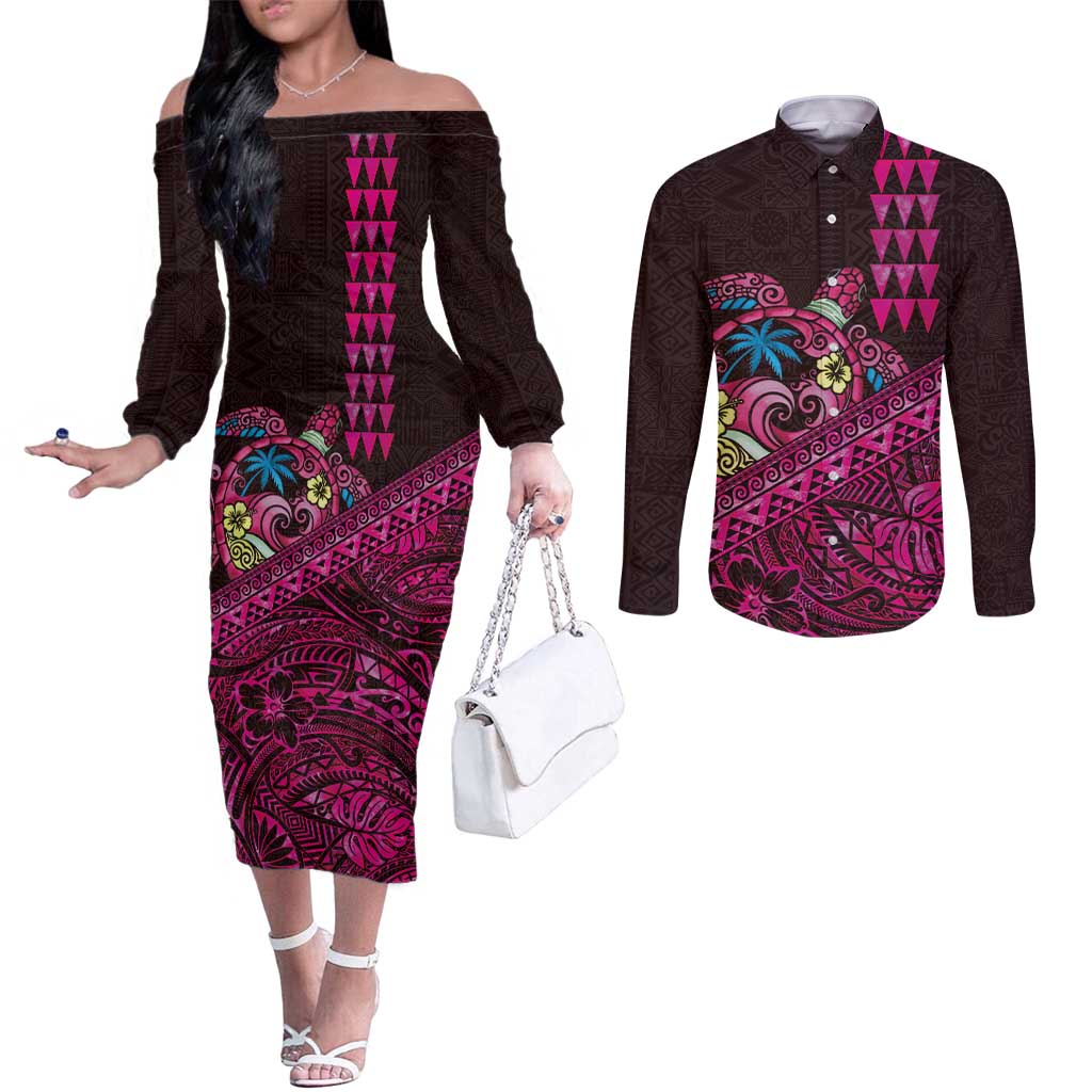 Hawaiian Abstract Sea Turtle Couples Matching Off The Shoulder Long Sleeve Dress and Long Sleeve Button Shirt Polynesian Tapa Art and Kakau Tattoo Pink WaterColor LT03 Black - Polynesian Pride