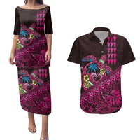 Hawaiian Abstract Sea Turtle Couples Matching Puletasi and Hawaiian Shirt Polynesian Tapa Art and Kakau Tattoo Pink WaterColor LT03 Black - Polynesian Pride