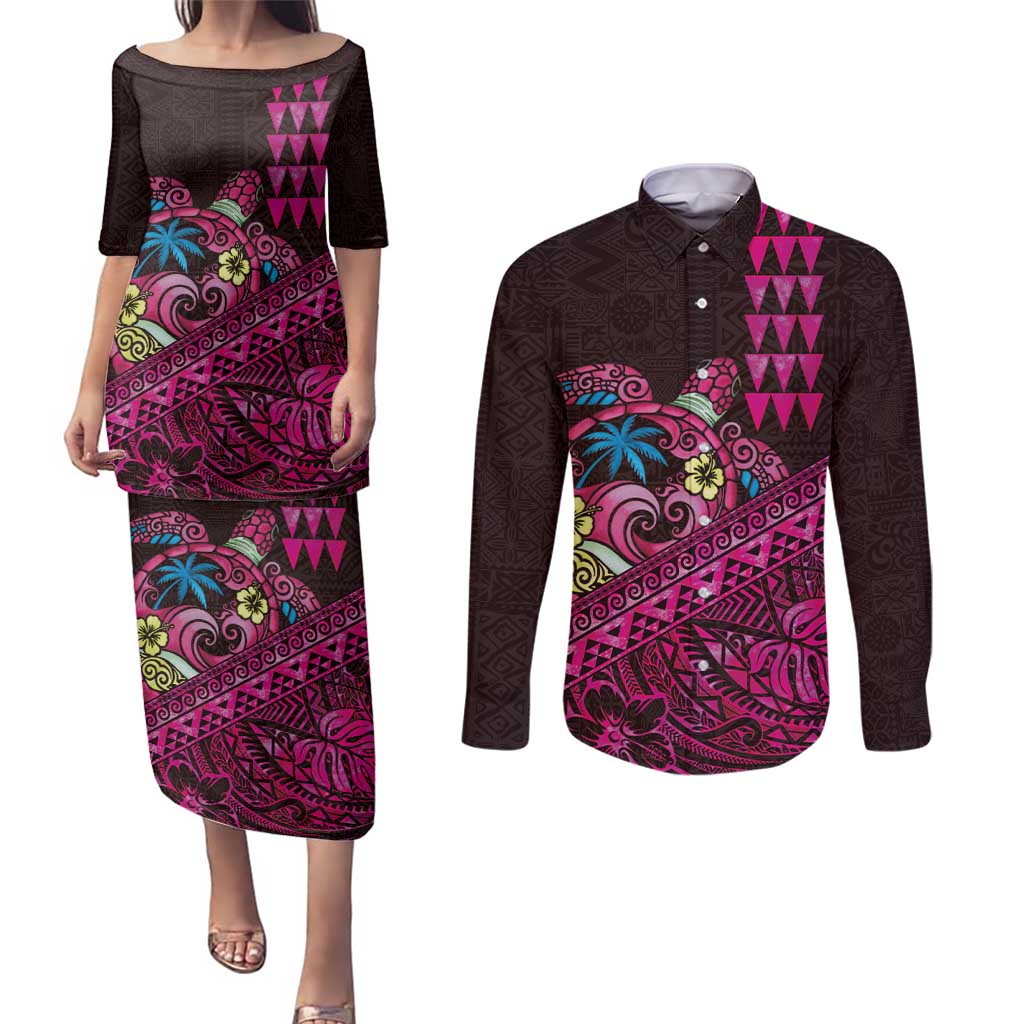 Hawaiian Abstract Sea Turtle Couples Matching Puletasi and Long Sleeve Button Shirt Polynesian Tapa Art and Kakau Tattoo Pink WaterColor - Polynesian Pride