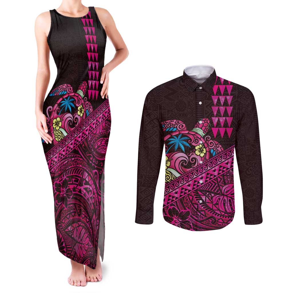 Hawaiian Abstract Sea Turtle Couples Matching Tank Maxi Dress and Long Sleeve Button Shirt Polynesian Tapa Art and Kakau Tattoo Pink WaterColor - Polynesian Pride