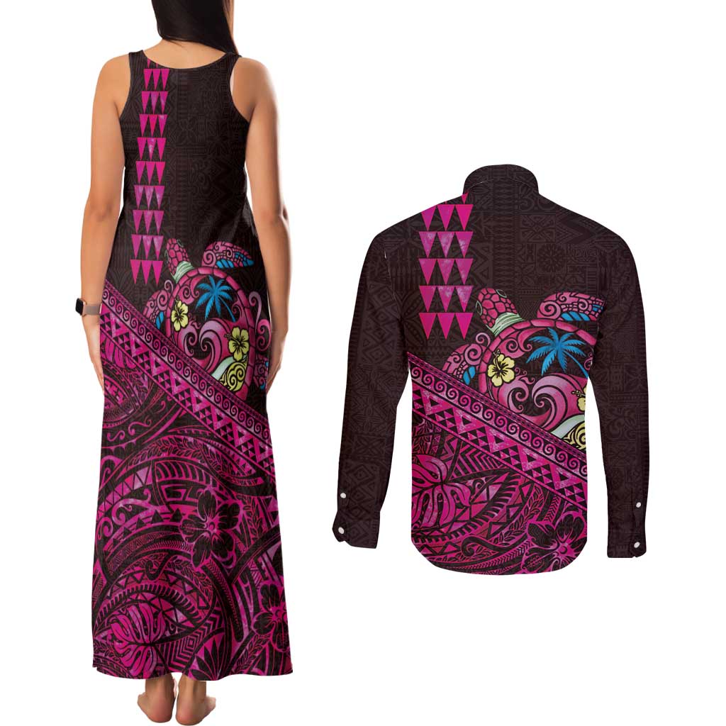 Hawaiian Abstract Sea Turtle Couples Matching Tank Maxi Dress and Long Sleeve Button Shirt Polynesian Tapa Art and Kakau Tattoo Pink WaterColor LT03 - Polynesian Pride