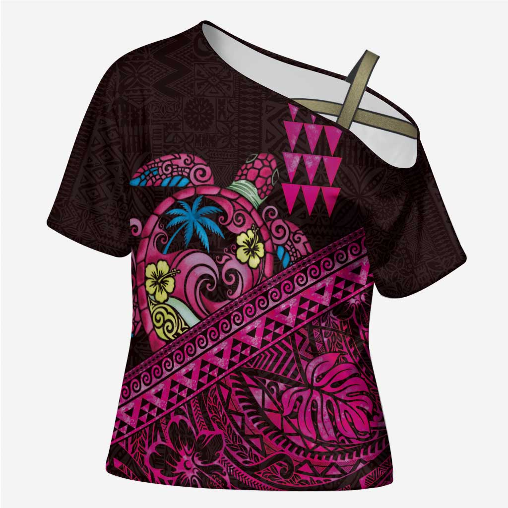 Hawaiian Abstract Sea Turtle Cross Shoulder Shirt Polynesian Tapa Art and Kakau Tattoo Pink WaterColor LT03 Female Black - Polynesian Pride
