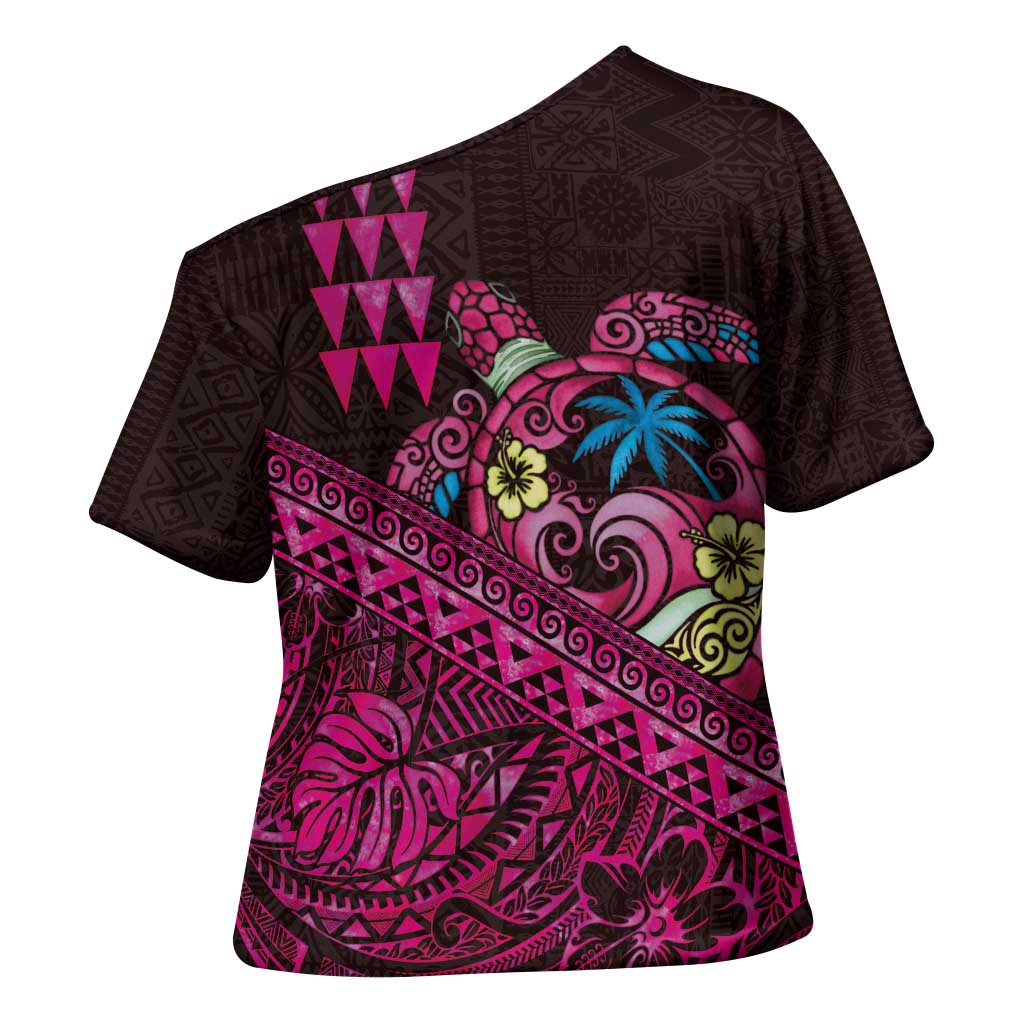 Hawaiian Abstract Sea Turtle Cross Shoulder Shirt Polynesian Tapa Art and Kakau Tattoo Pink WaterColor LT03 - Polynesian Pride