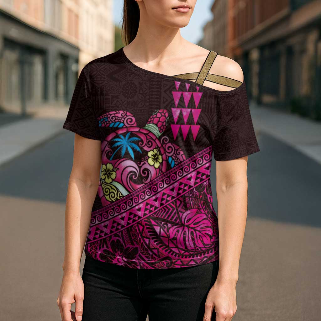 Hawaiian Abstract Sea Turtle Cross Shoulder Shirt Polynesian Tapa Art and Kakau Tattoo Pink WaterColor LT03 - Polynesian Pride