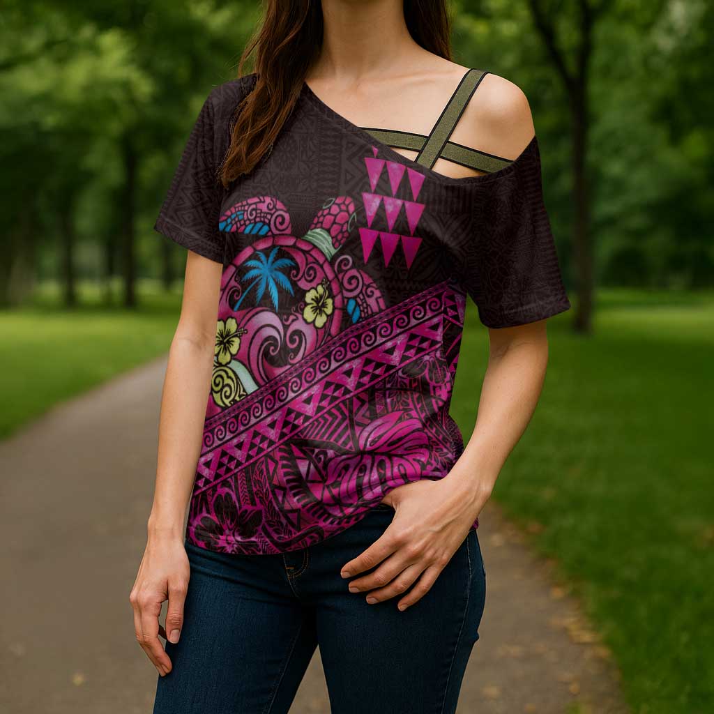 Hawaiian Abstract Sea Turtle Cross Shoulder Shirt Polynesian Tapa Art and Kakau Tattoo Pink WaterColor LT03 - Polynesian Pride