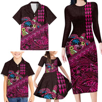 Hawaiian Abstract Sea Turtle Family Matching Long Sleeve Bodycon Dress and Hawaiian Shirt Polynesian Tapa Art and Kakau Tattoo Pink WaterColor LT03 - Polynesian Pride