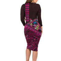 Hawaiian Abstract Sea Turtle Family Matching Long Sleeve Bodycon Dress and Hawaiian Shirt Polynesian Tapa Art and Kakau Tattoo Pink WaterColor LT03 - Polynesian Pride