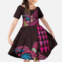 Hawaiian Abstract Sea Turtle Family Matching Mermaid Dress and Hawaiian Shirt Polynesian Tapa Art and Kakau Tattoo Pink WaterColor LT03 Daughter's Dress Black - Polynesian Pride
