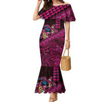 Hawaiian Abstract Sea Turtle Family Matching Mermaid Dress and Hawaiian Shirt Polynesian Tapa Art and Kakau Tattoo Pink WaterColor LT03 Mom's Dress Black - Polynesian Pride