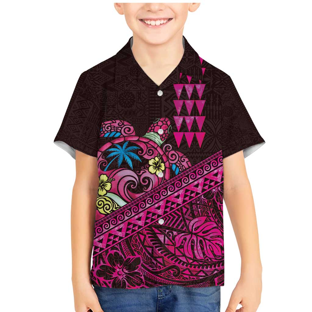Hawaiian Abstract Sea Turtle Family Matching Mermaid Dress and Hawaiian Shirt Polynesian Tapa Art and Kakau Tattoo Pink WaterColor LT03 Son's Shirt Black - Polynesian Pride