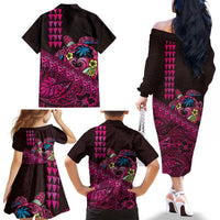 Hawaiian Abstract Sea Turtle Family Matching Off The Shoulder Long Sleeve Dress and Hawaiian Shirt Polynesian Tapa Art and Kakau Tattoo Pink WaterColor LT03 - Polynesian Pride