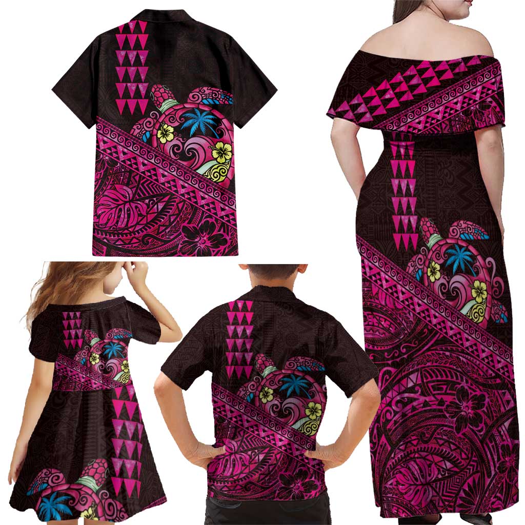 Hawaiian Abstract Sea Turtle Family Matching Off Shoulder Maxi Dress and Hawaiian Shirt Polynesian Tapa Art and Kakau Tattoo Pink WaterColor LT03 - Polynesian Pride