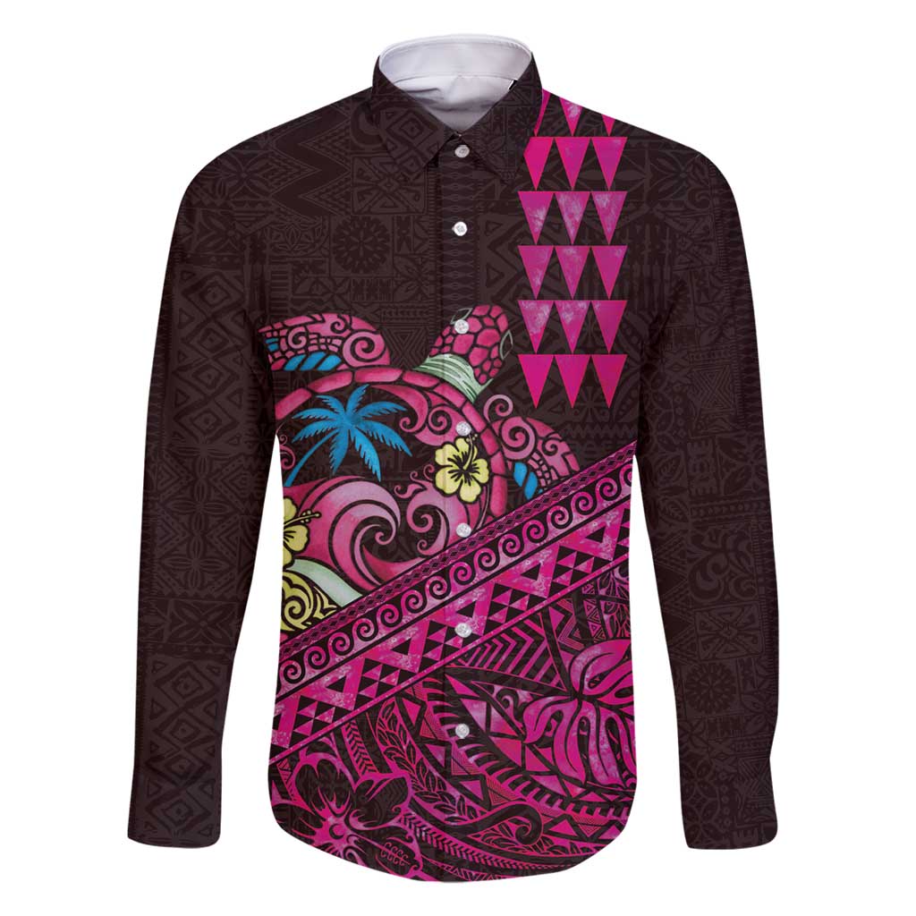 Hawaiian Abstract Sea Turtle Family Matching Off Shoulder Maxi Dress and Hawaiian Shirt Polynesian Tapa Art and Kakau Tattoo Pink WaterColor LT03 Dad's Shirt - Long Sleeve Black - Polynesian Pride
