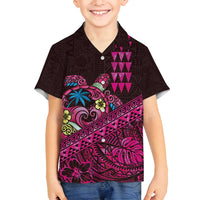 Hawaiian Abstract Sea Turtle Family Matching Off Shoulder Maxi Dress and Hawaiian Shirt Polynesian Tapa Art and Kakau Tattoo Pink WaterColor LT03 Son's Shirt Black - Polynesian Pride
