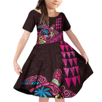 Hawaiian Abstract Sea Turtle Family Matching Off Shoulder Short Dress and Hawaiian Shirt Polynesian Tapa Art and Kakau Tattoo Pink WaterColor LT03 Daughter's Dress Black - Polynesian Pride