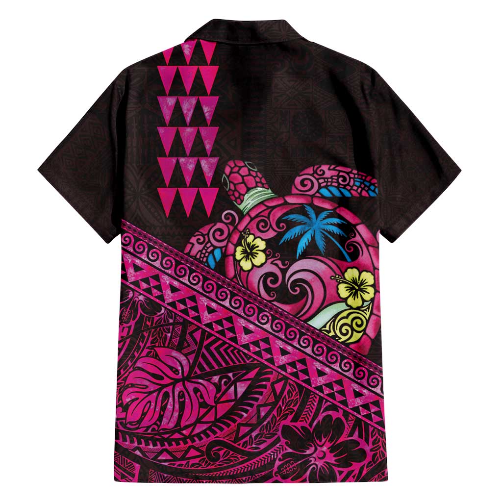 Hawaiian Abstract Sea Turtle Family Matching Off Shoulder Short Dress and Hawaiian Shirt Polynesian Tapa Art and Kakau Tattoo Pink WaterColor LT03 - Polynesian Pride