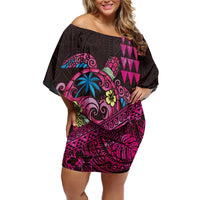 Hawaiian Abstract Sea Turtle Family Matching Off Shoulder Short Dress and Hawaiian Shirt Polynesian Tapa Art and Kakau Tattoo Pink WaterColor LT03 Mom's Dress Black - Polynesian Pride