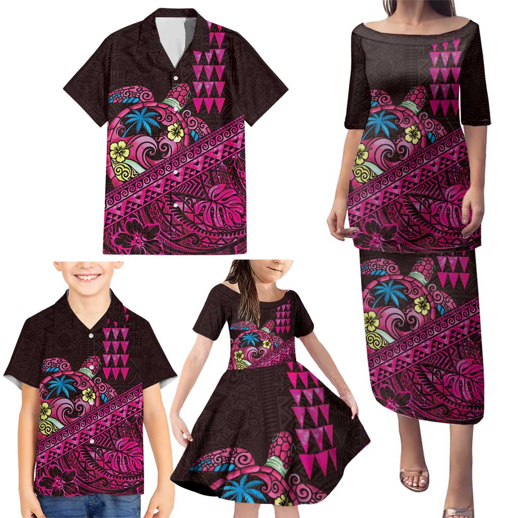 Hawaiian Abstract Sea Turtle Family Matching Puletasi and Hawaiian Shirt Polynesian Tapa Art and Kakau Tattoo Pink WaterColor LT03 - Polynesian Pride