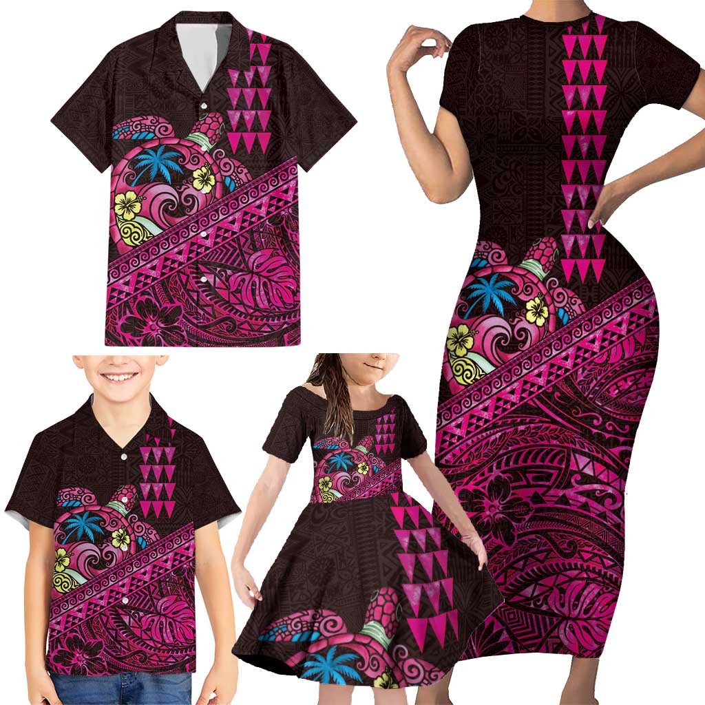 Hawaiian Abstract Sea Turtle Family Matching Short Sleeve Bodycon Dress and Hawaiian Shirt Polynesian Tapa Art and Kakau Tattoo Pink WaterColor LT03 - Polynesian Pride