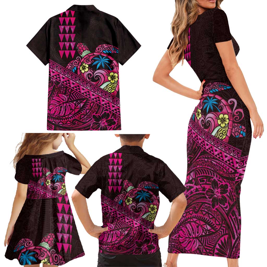 Hawaiian Abstract Sea Turtle Family Matching Short Sleeve Bodycon Dress and Hawaiian Shirt Polynesian Tapa Art and Kakau Tattoo Pink WaterColor LT03 - Polynesian Pride