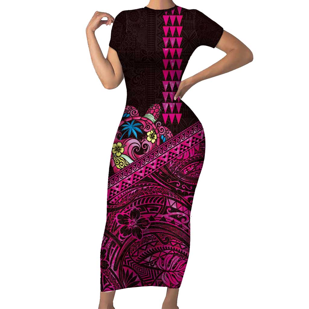 Hawaiian Abstract Sea Turtle Family Matching Short Sleeve Bodycon Dress and Hawaiian Shirt Polynesian Tapa Art and Kakau Tattoo Pink WaterColor LT03 Mom's Dress Black - Polynesian Pride