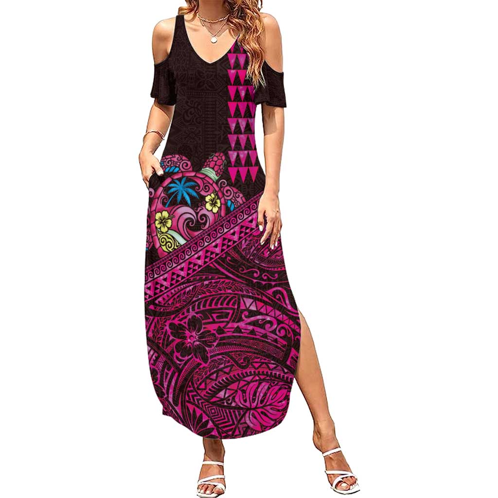 Hawaiian Abstract Sea Turtle Family Matching Summer Maxi Dress and Hawaiian Shirt Polynesian Tapa Art and Kakau Tattoo Pink WaterColor LT03 Mom's Dress Black - Polynesian Pride