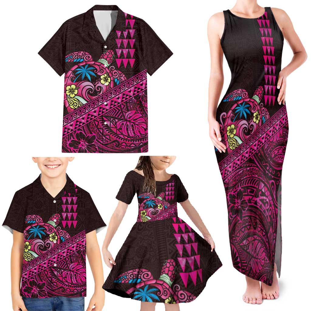 Hawaiian Abstract Sea Turtle Family Matching Tank Maxi Dress and Hawaiian Shirt Polynesian Tapa Art and Kakau Tattoo Pink WaterColor LT03 - Polynesian Pride
