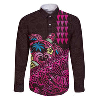 Hawaiian Abstract Sea Turtle Family Matching Tank Maxi Dress and Hawaiian Shirt Polynesian Tapa Art and Kakau Tattoo Pink WaterColor LT03 Dad's Shirt - Long Sleeve Black - Polynesian Pride