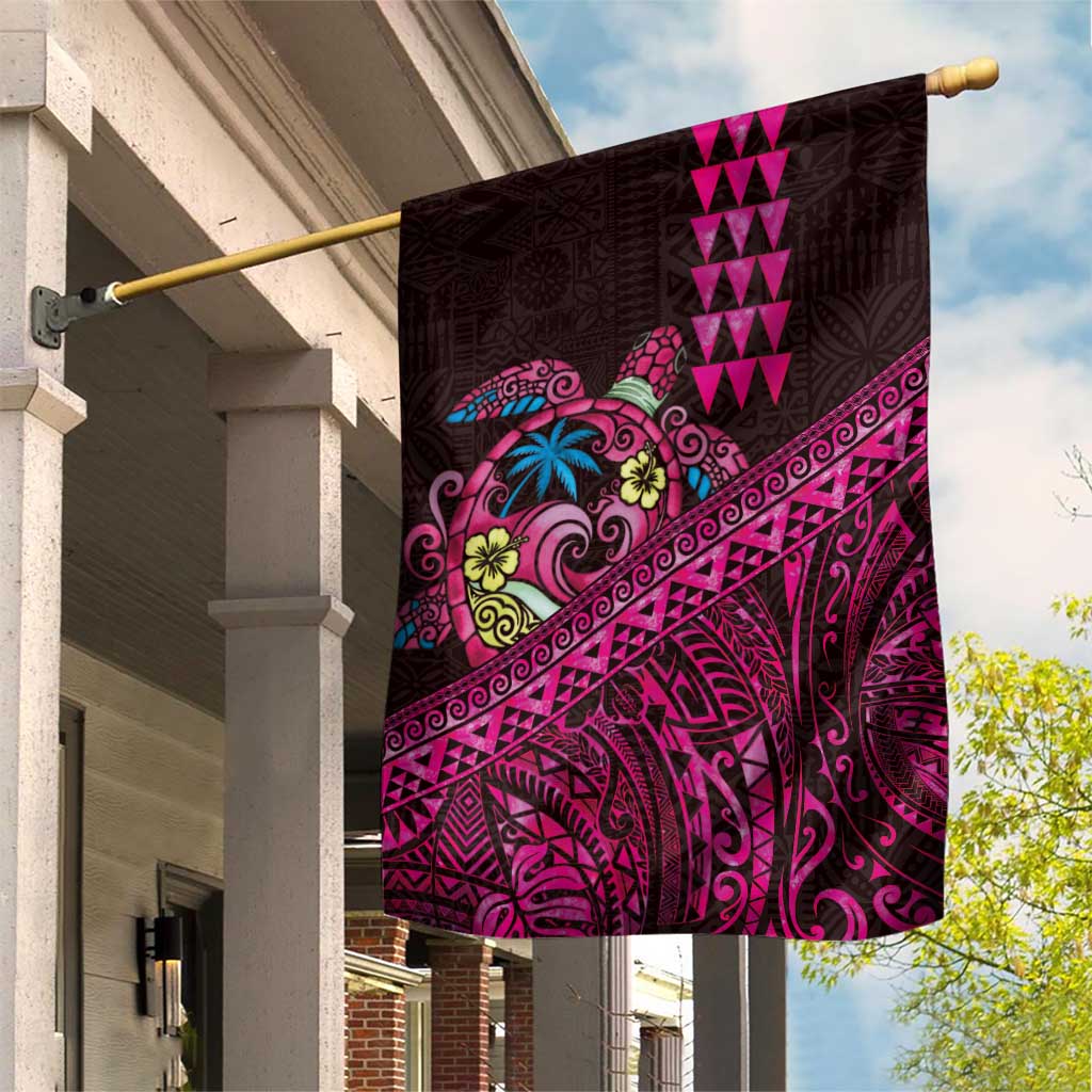 Hawaiian Abstract Sea Turtle Garden Flag Polynesian Tapa Art and Kakau Tattoo Pink WaterColor LT03 House Flag Black - Polynesian Pride