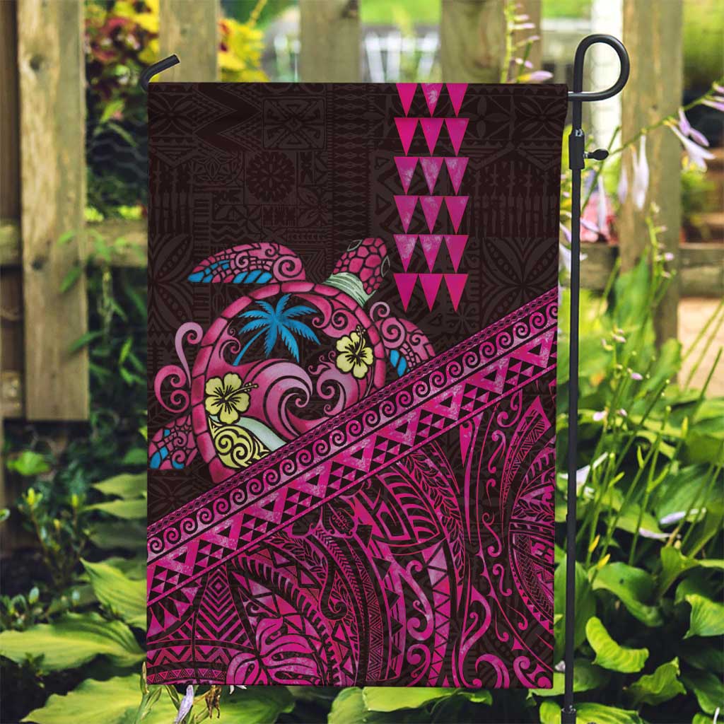 Hawaiian Abstract Sea Turtle Garden Flag Polynesian Tapa Art and Kakau Tattoo Pink WaterColor LT03 Garden Flag Black - Polynesian Pride