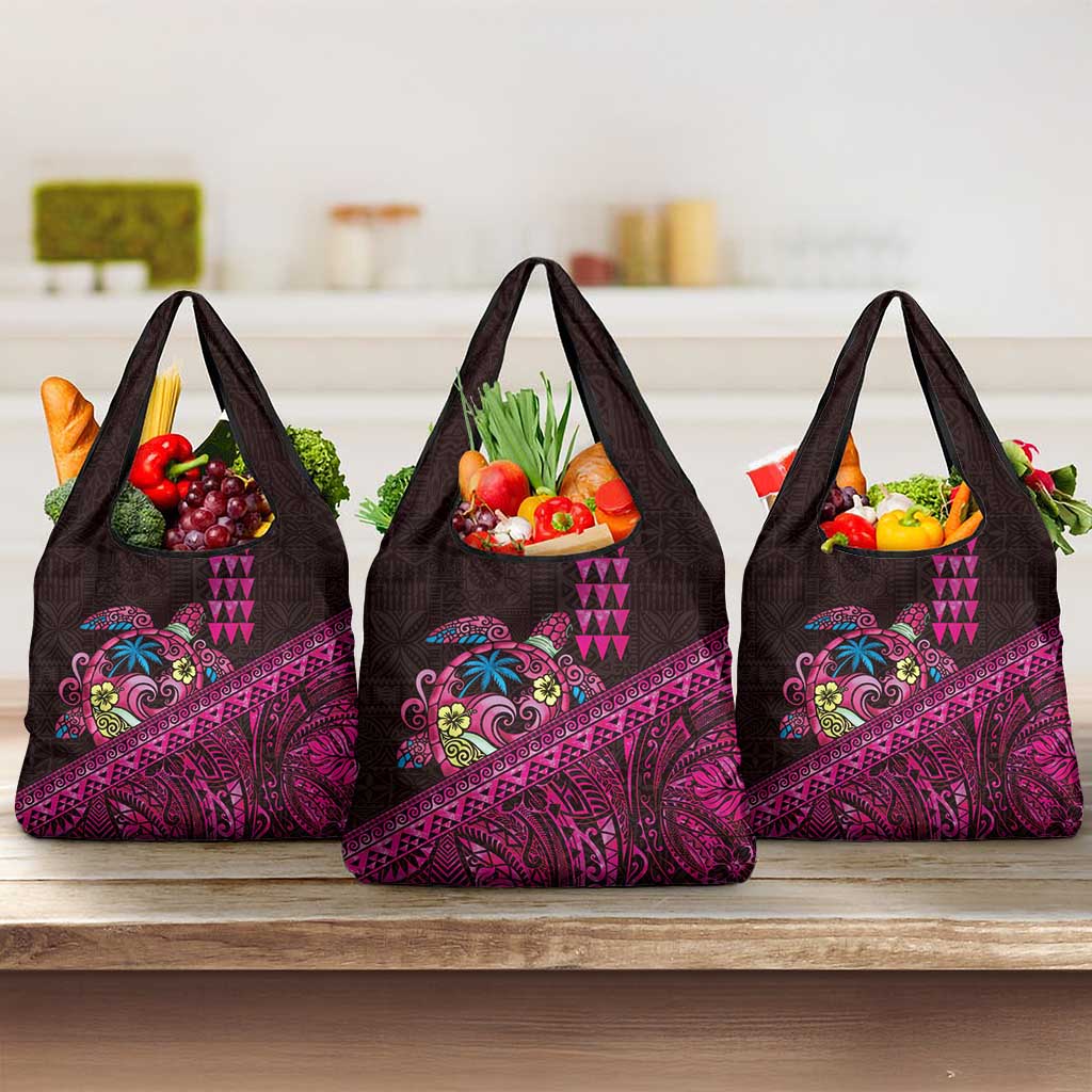 Hawaiian Abstract Sea Turtle Grocery Bag Polynesian Tapa Art and Kakau Tattoo Pink WaterColor LT03 3-pack One Size Black - Polynesian Pride