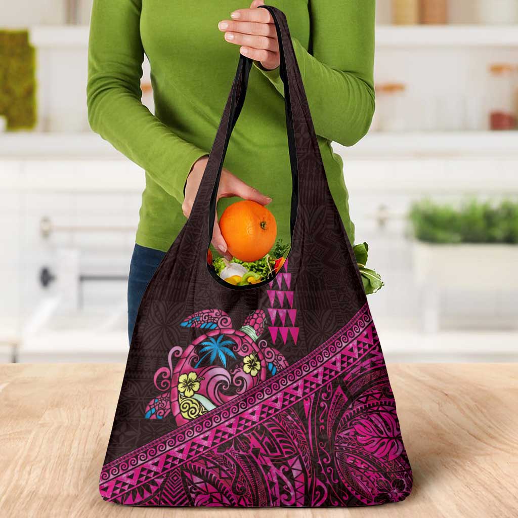 Hawaiian Abstract Sea Turtle Grocery Bag Polynesian Tapa Art and Kakau Tattoo Pink WaterColor LT03 - Polynesian Pride